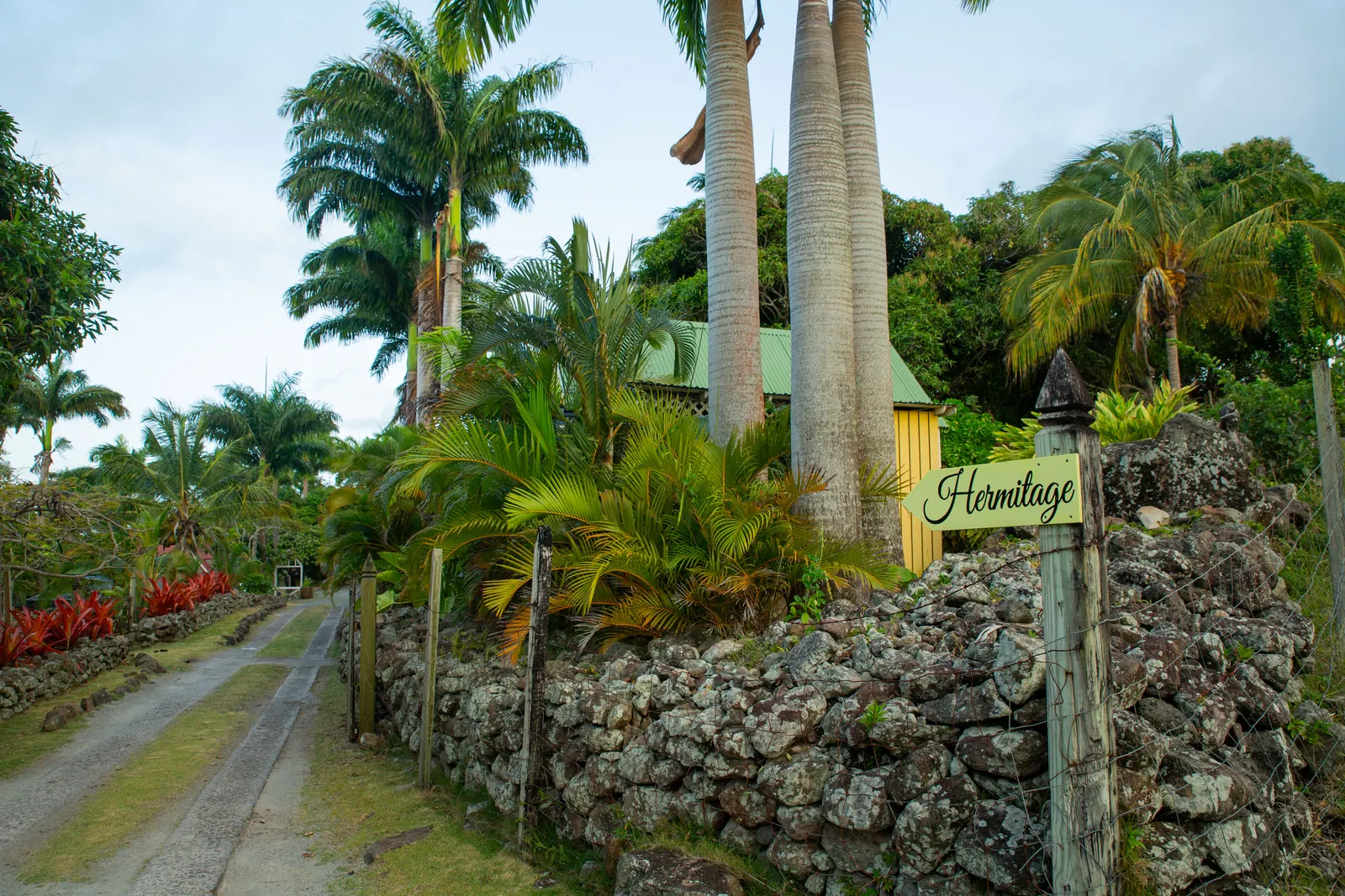 A narrow estate lane at Hermitage Nevis running between dry-stone walls, with a painted Hermitage sign on a timber post