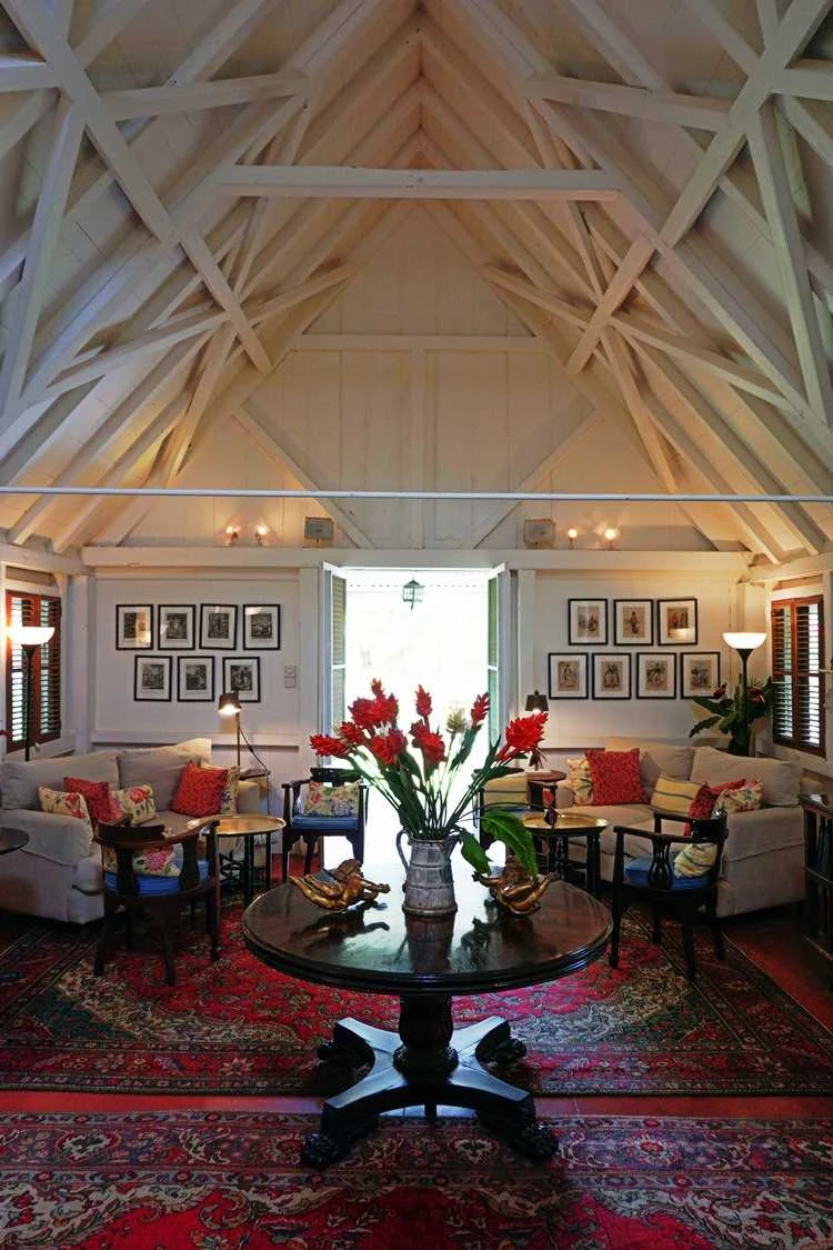 Exposed timber roof structure inside the Great House at Hermitage Nevis