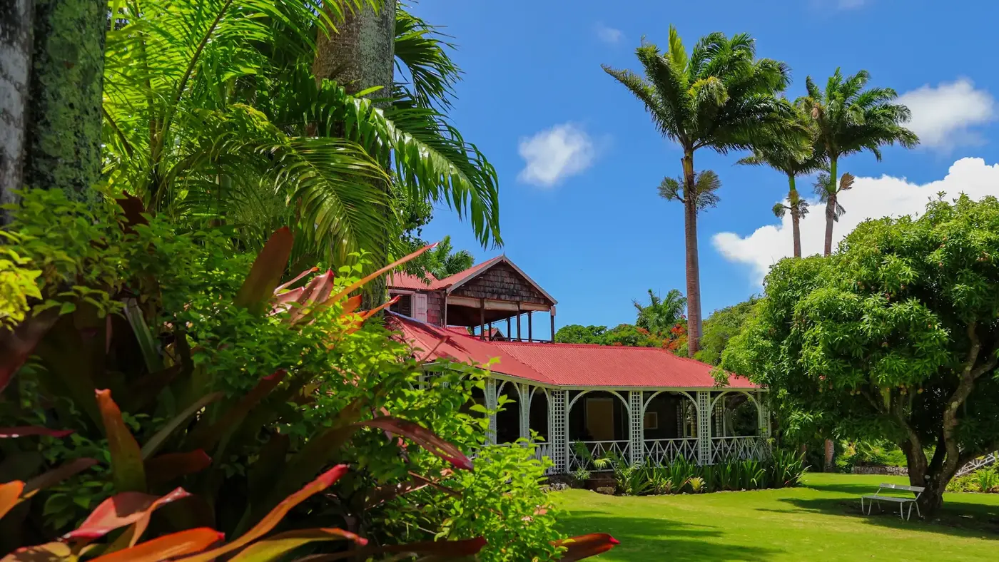 The Great House at Hermitage Nevis and its gardens beneath tall palm trees
