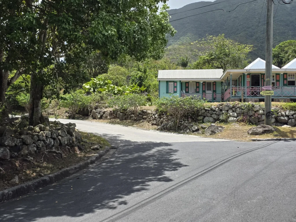 A road junction below the forested slopes of Nevis Peak, with a low dry-stone wall in front of a single-storey timber building.