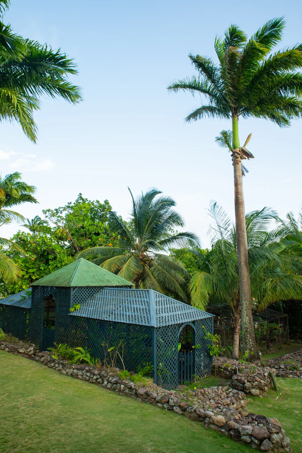 A green lattice garden pavilion on the estate lawn, framed by a coconut palm and a dry-stone wall.