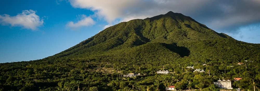 Nevis Peak rising above wooded slopes, with scattered houses among the trees below a blue sky.