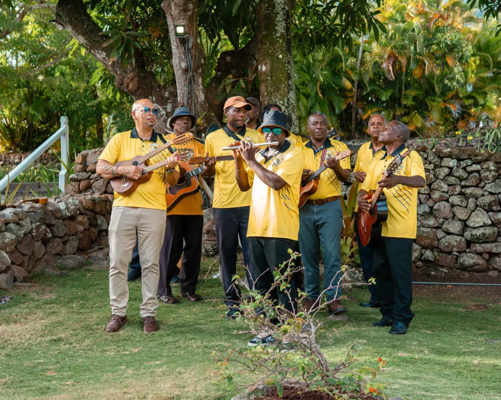 Local musicians performing during a wedding celebration at Hermitage Nevis