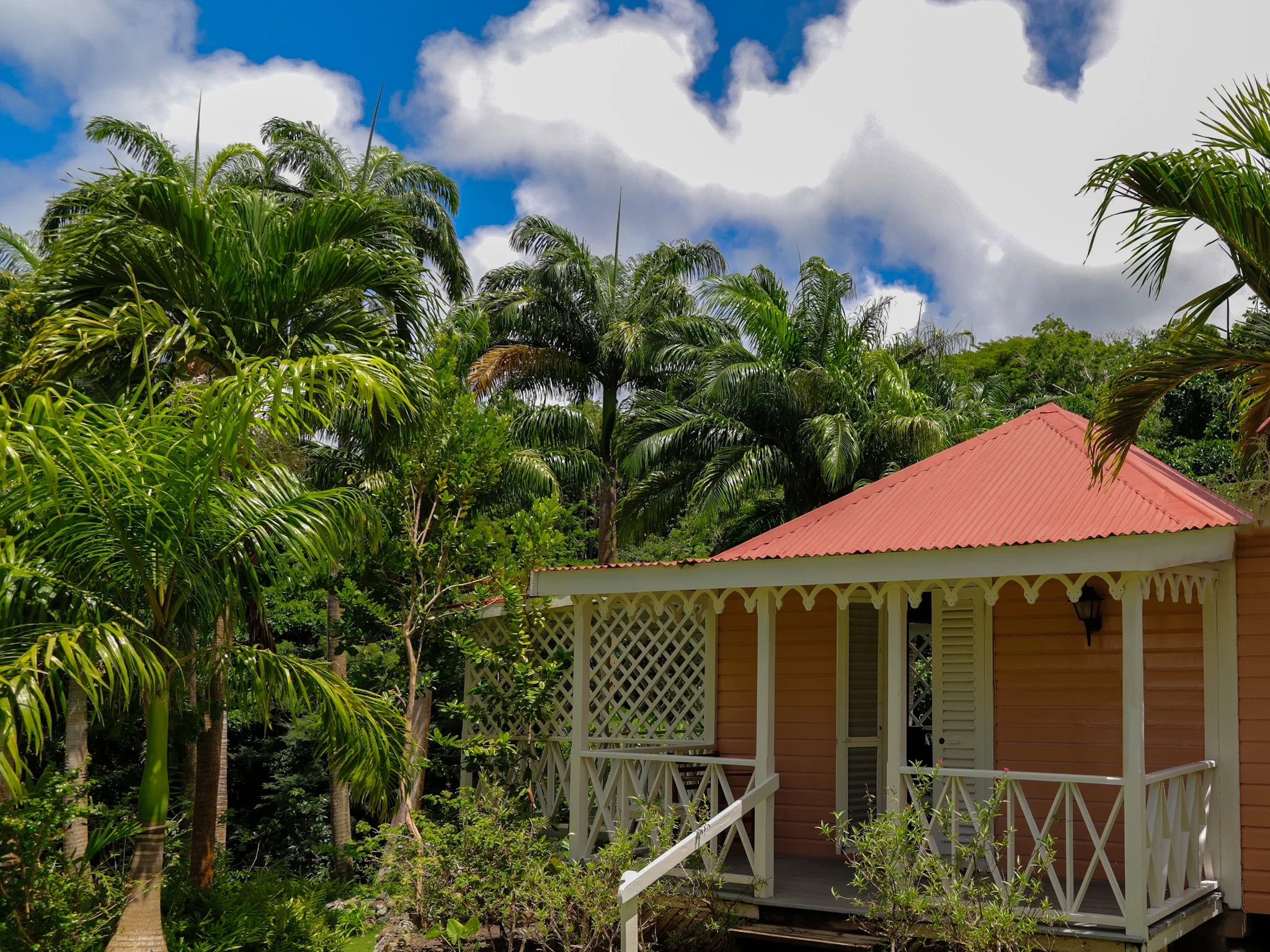 A gingerbread cottage at Hermitage Nevis with a red tin roof, white fretwork trim and a lattice porch, among palm trees in the garden